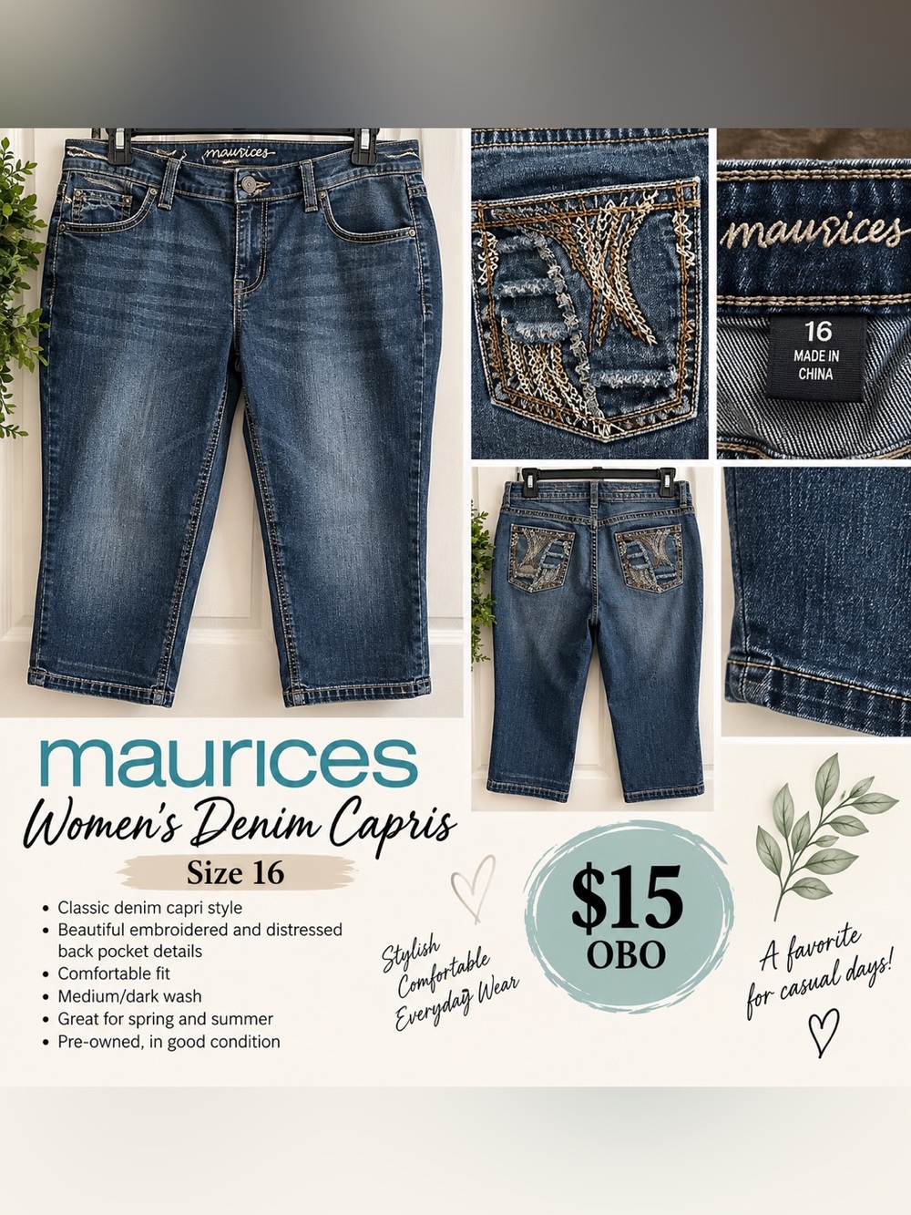 Maurices Dark Blue Embroidered Denim Capris